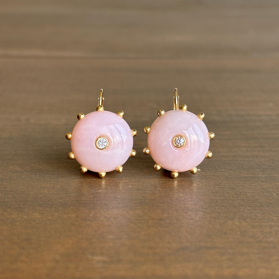 Hand Cut Pink Opal & Diamond Studded Button Earrings