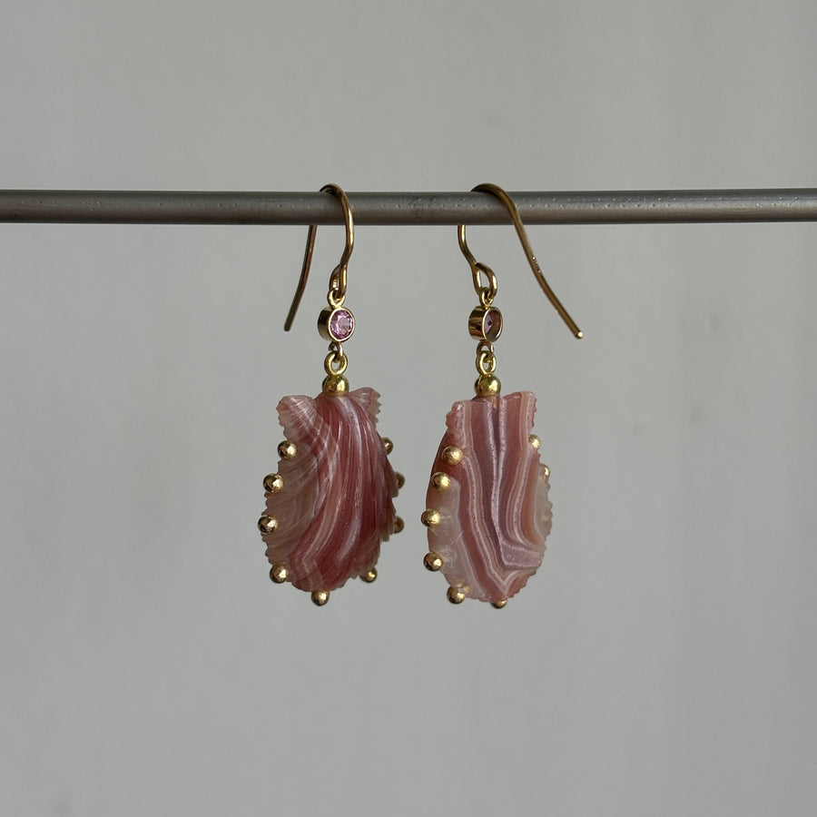 Hand Carved Laguna Agate Pink Sapphire Scallop Earrings