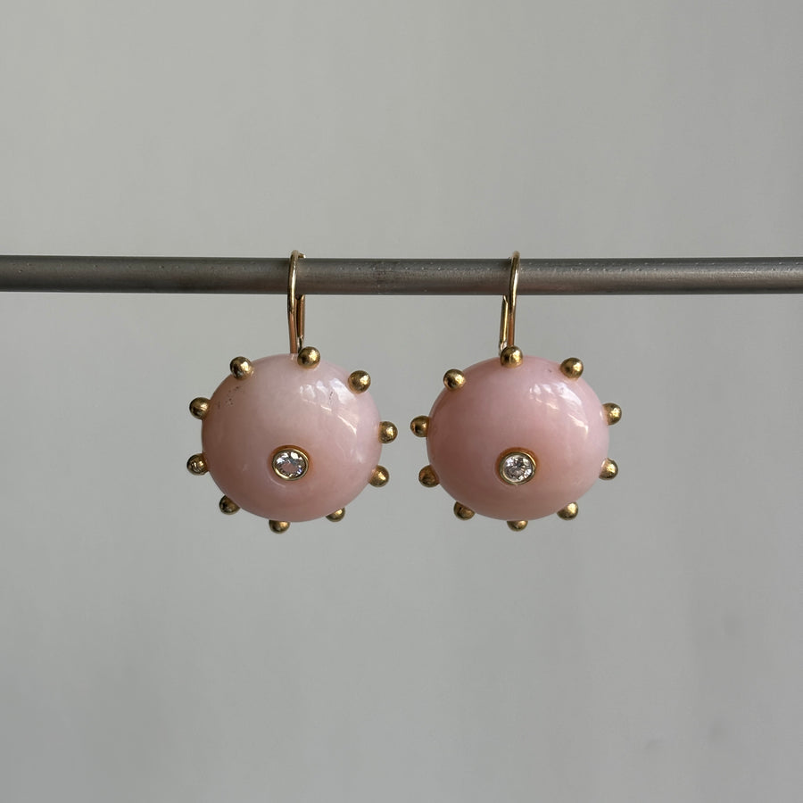 Hand Cut Pink Opal & Diamond Studded Button Earrings