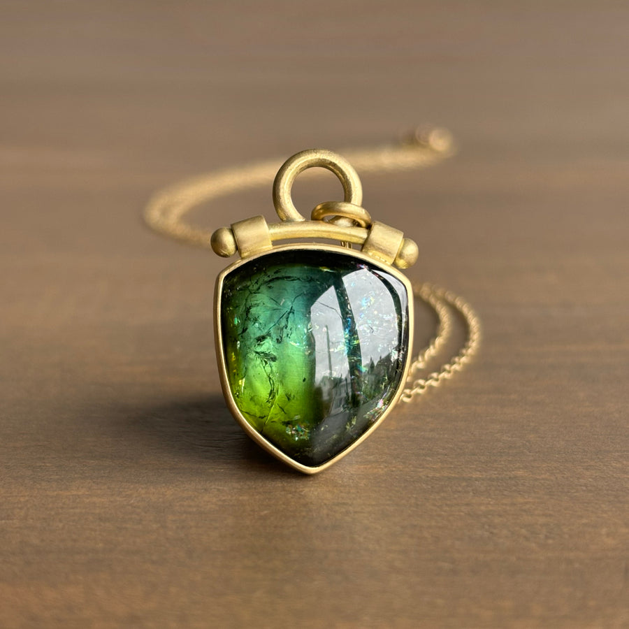 Green Tourmaline Cabochon Shield Pendant