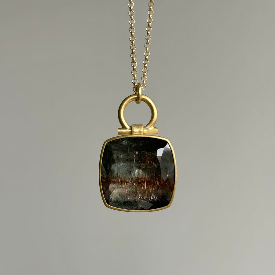 Square Moss Aquamarine with Copper Rutiles Pendant