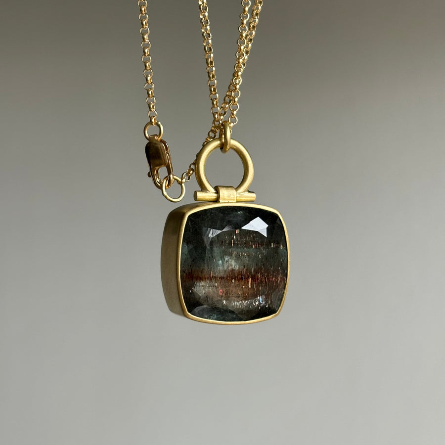 Square Moss Aquamarine with Copper Rutiles Pendant