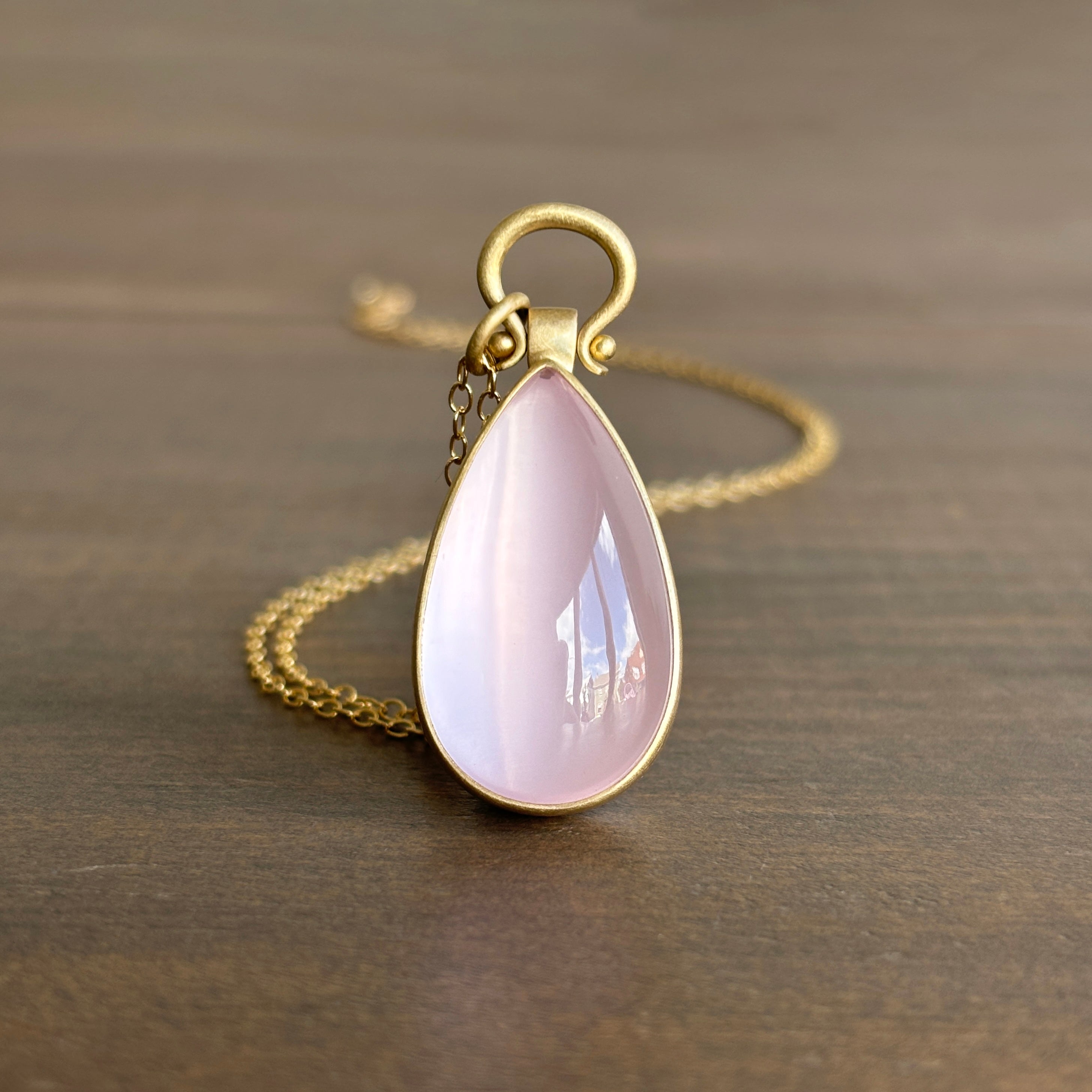 Raw Rose Quartz hot Pendant on Gold Biba Chain