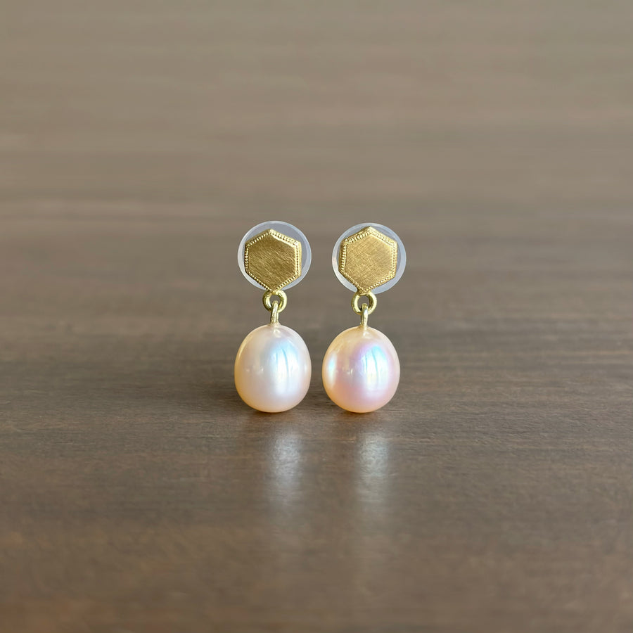 Hexagon & Pearl Post Earrings