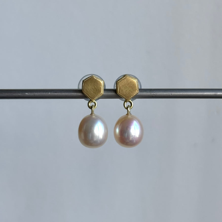 Hexagon & Pearl Post Earrings