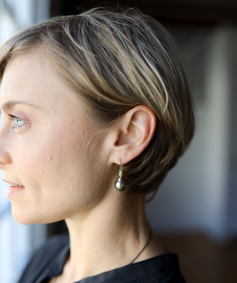 Pistachio Tahitian Pearl Earrings with Chrysoberyl