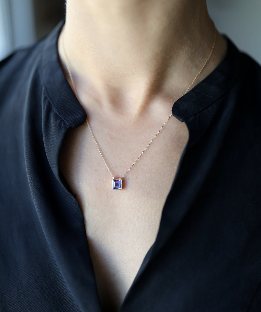 Iolite Square Solitaire Story Necklace