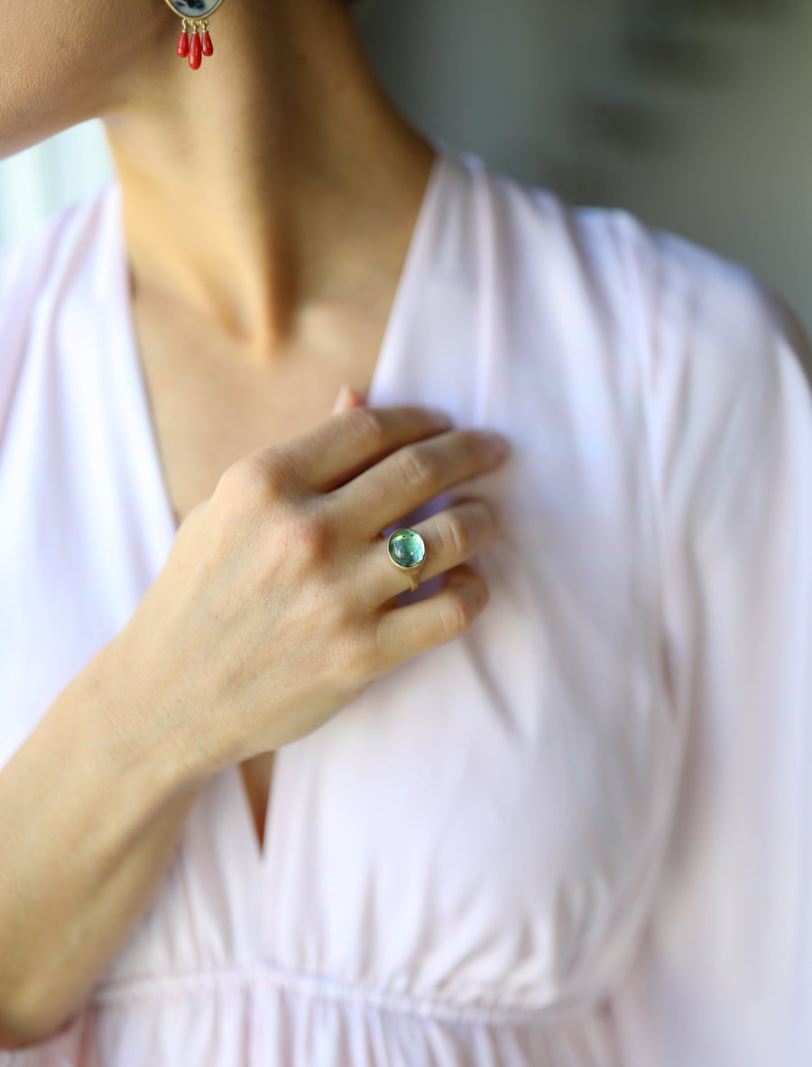 Oval Green Tourmaline Cabochon Cast Ring