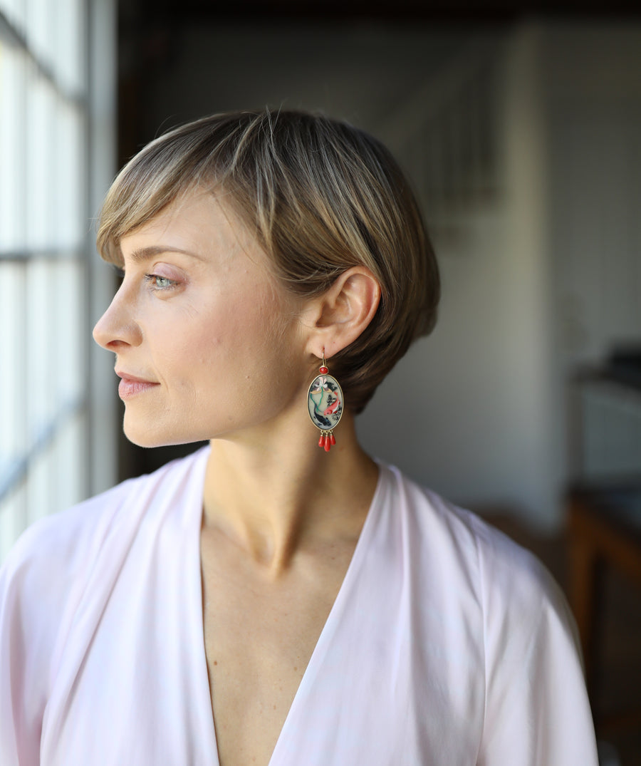 Koi Intarsia Earrings with Coral Accents