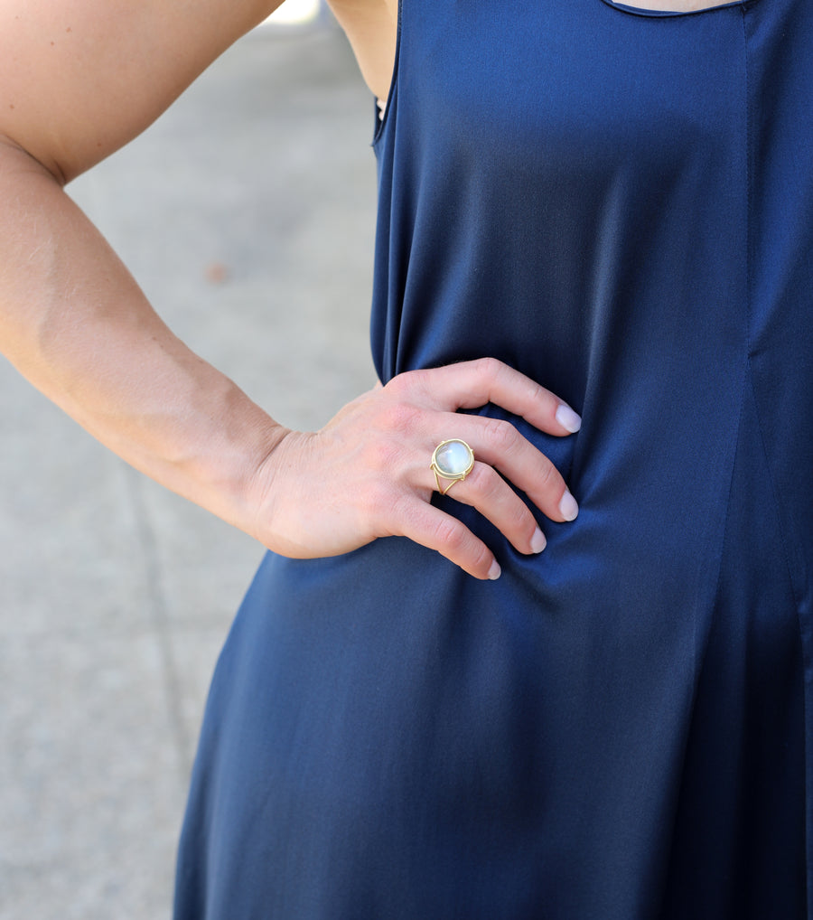 Asymmetrical Sage Moonstone Cabochon Cage Set Ring