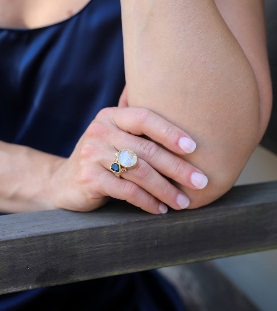 Brookite Quartz, Tourmaline, & Sapphire Cluster Ring