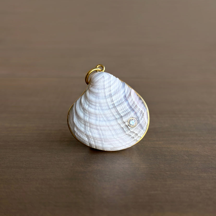 Medium Hand Carved Laguna Agate Clam Shell Pendant with Diamond