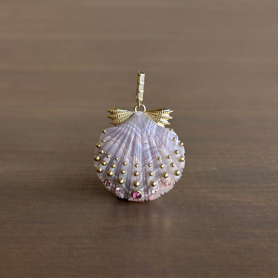 Medium Hand Carved Laguna Agate Scallop Pendant with Sapphires & Tourmalines