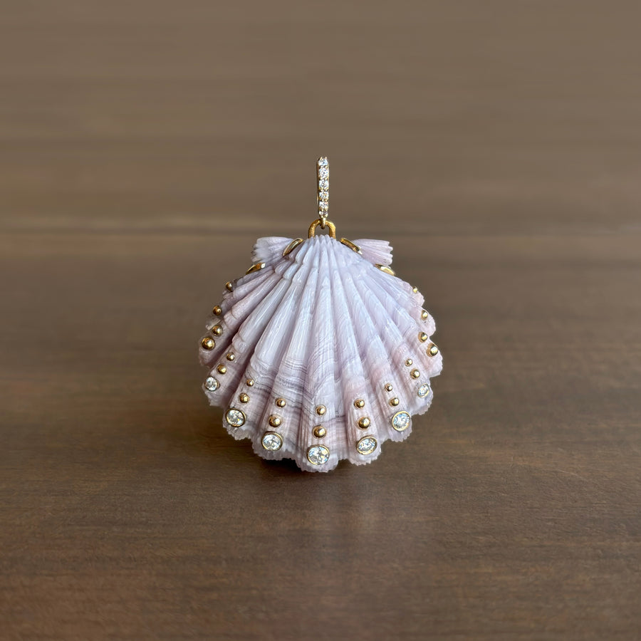 Large Hand Carved Laguna Agate Scallop Shell Pendant with Diamonds