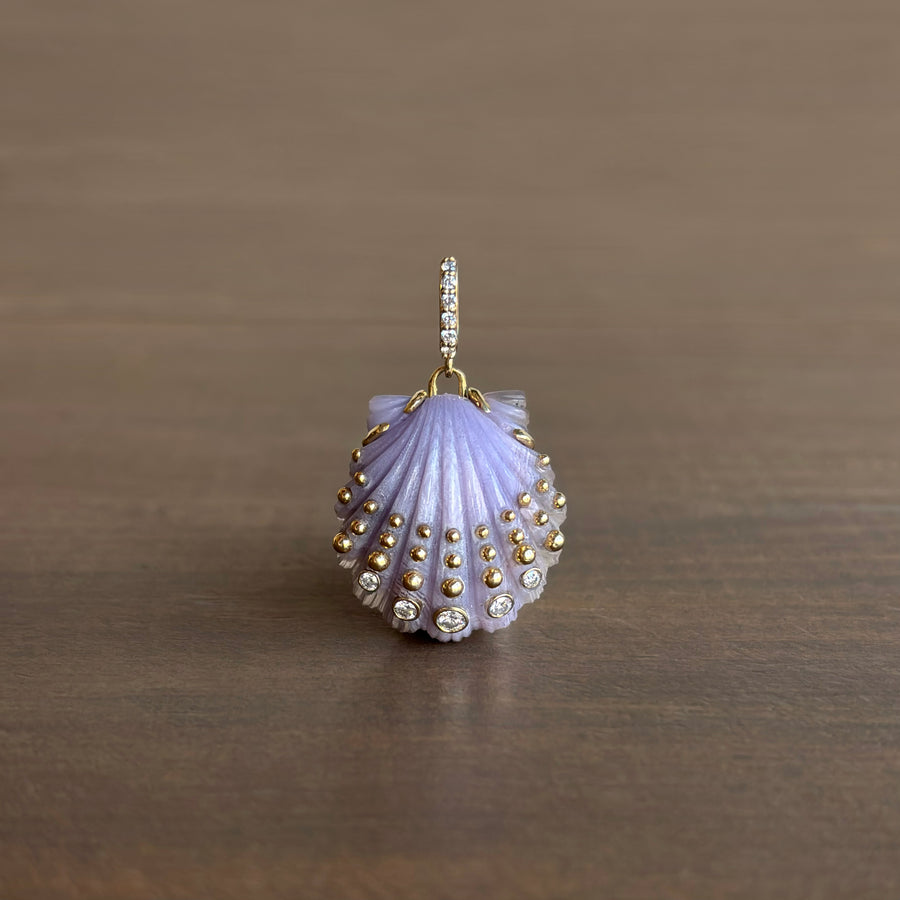 Small Hand Carved Laguna Agate Scallop Shell Pendant with Diamonds