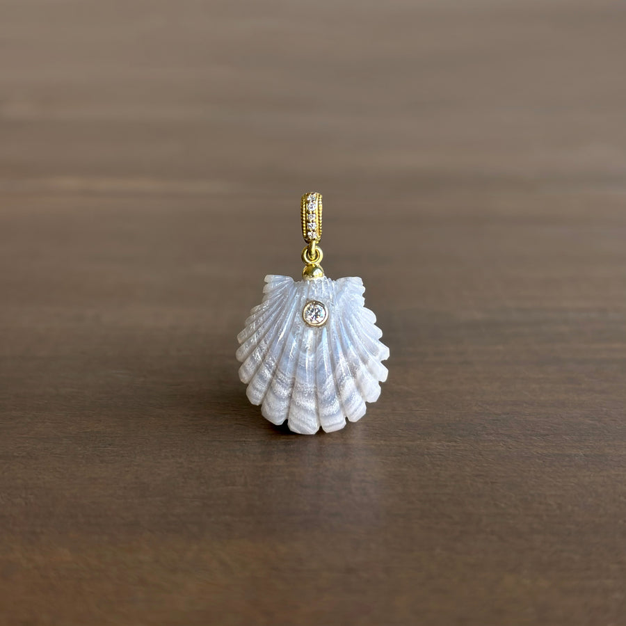 Small Hand Carved Laguna Agate Scallop Shell Pendant with Diamond