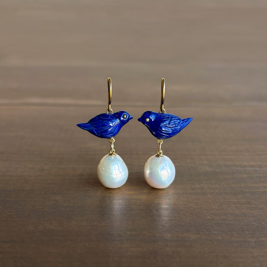 Hand Carved Lapis and Pearl Sparrow Earrings