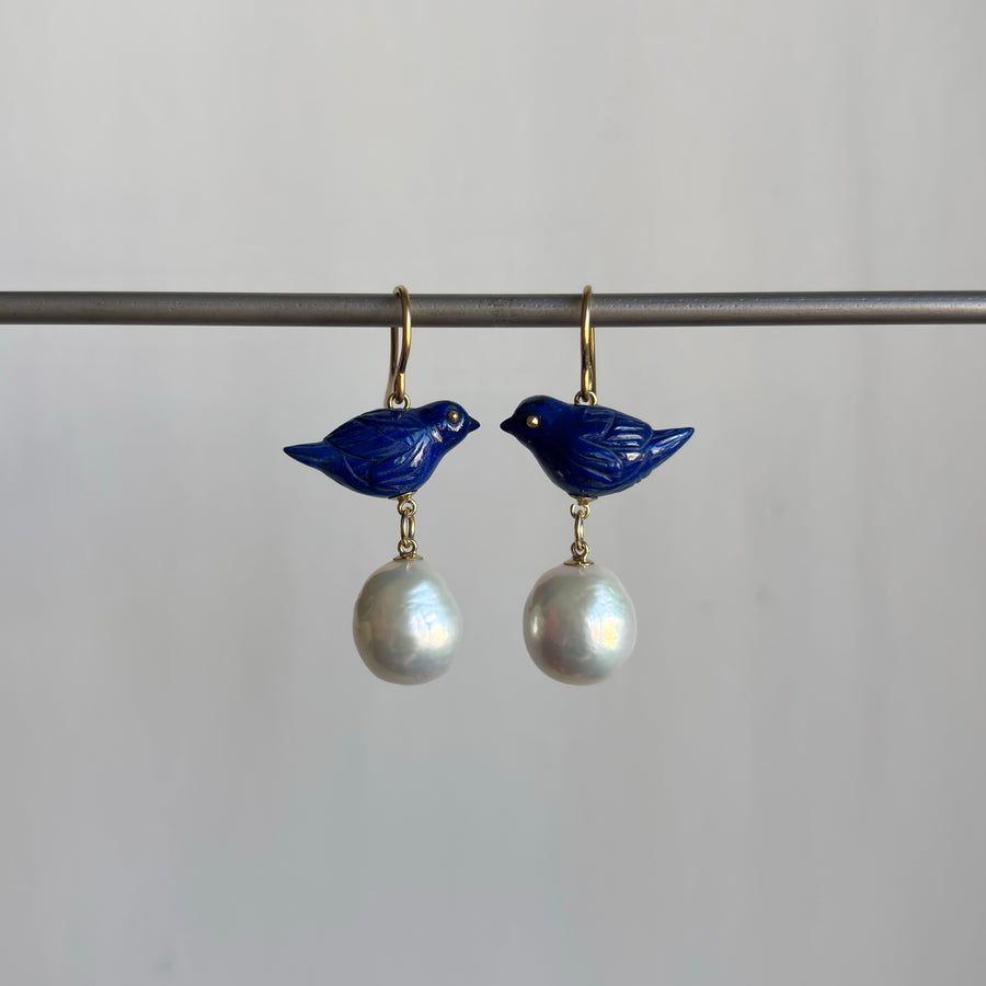 Hand Carved Lapis and Pearl Sparrow Earrings