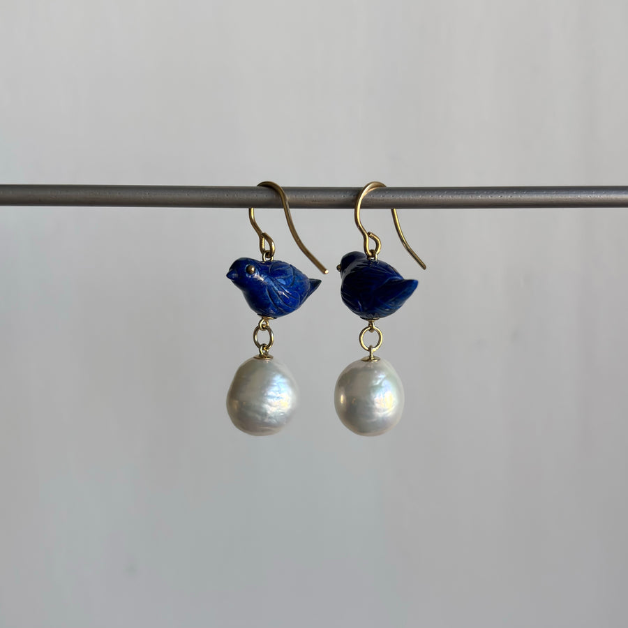 Hand Carved Lapis and Pearl Sparrow Earrings