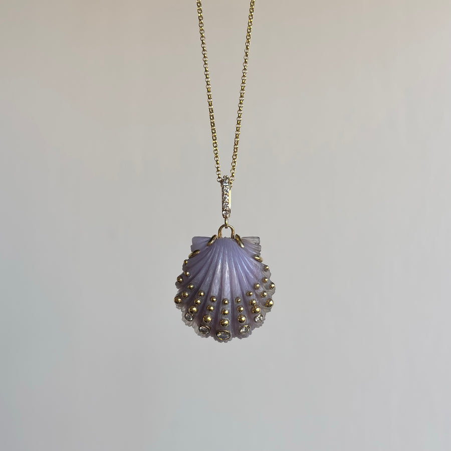 Small Hand Carved Laguna Agate Scallop Shell Pendant with Diamonds