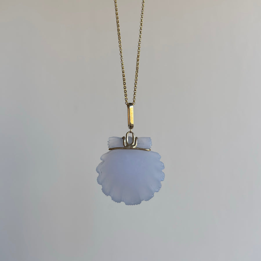 Medium Hand Carved Blue Chalcedony Scallop Shell Pendant