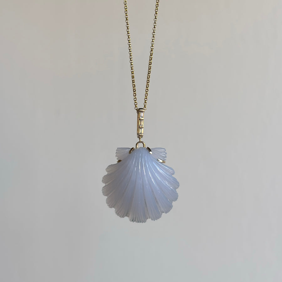 Medium Hand Carved Blue Chalcedony Scallop Shell Pendant