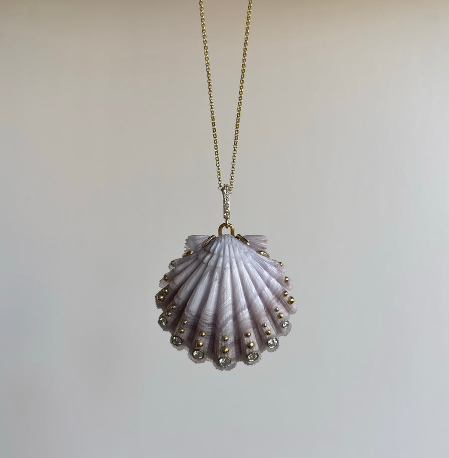 Large Hand Carved Laguna Agate Scallop Shell Pendant with Diamonds