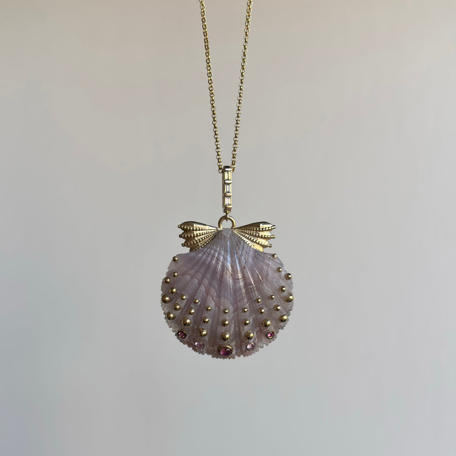 Medium Hand Carved Laguna Agate Scallop Pendant with Sapphires & Tourmalines