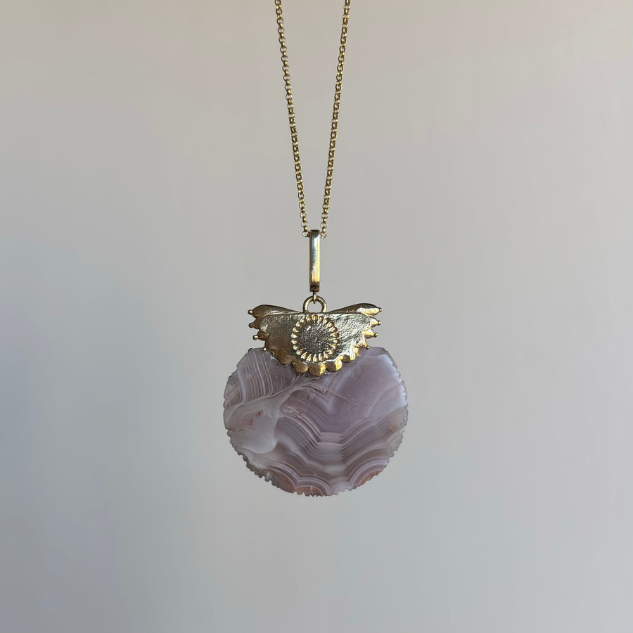 Medium Hand Carved Laguna Agate Scallop Pendant with Sapphires & Tourmalines