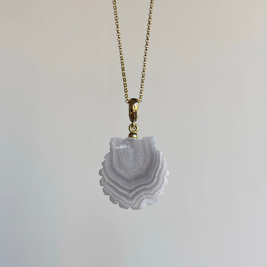 Small Hand Carved Laguna Agate Scallop Shell Pendant with Diamond