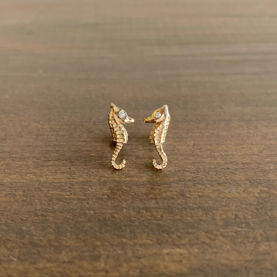 Gold Seahorse Stud Earrings with Diamond Eyes