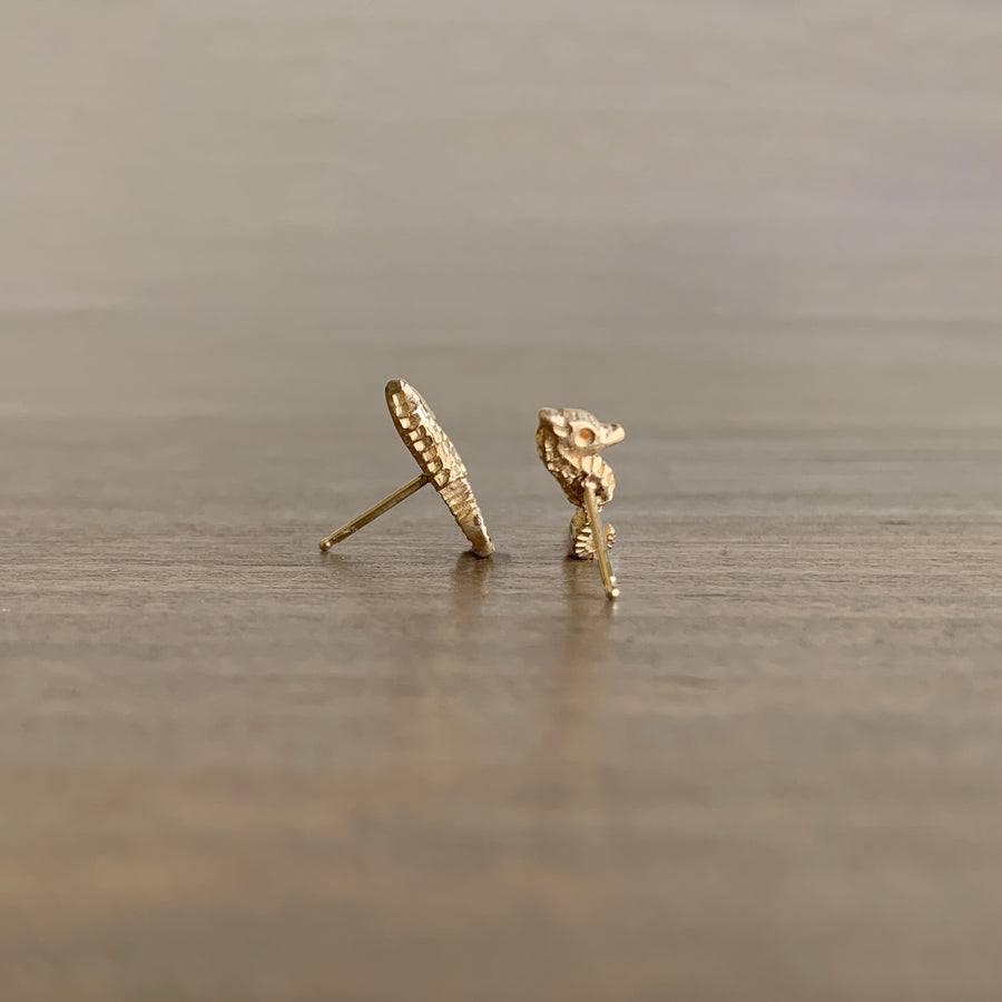 Gold Seahorse Stud Earrings with Diamond Eyes