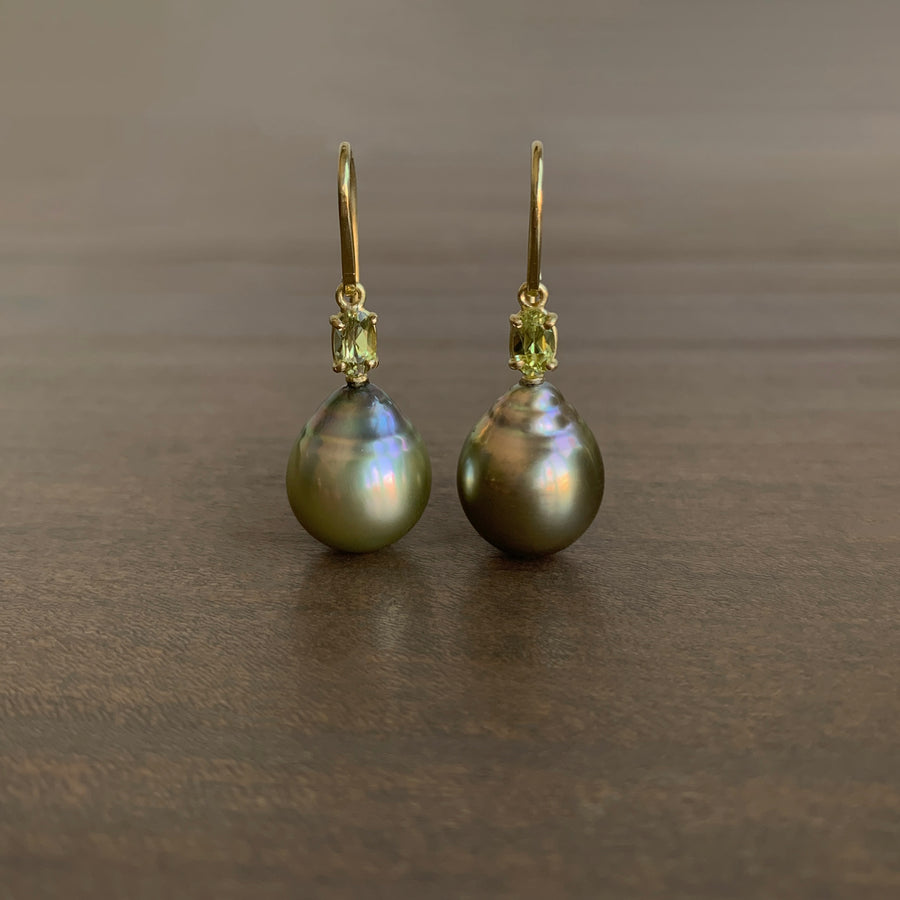 Pistachio Tahitian Pearl Earrings with Chrysoberyl