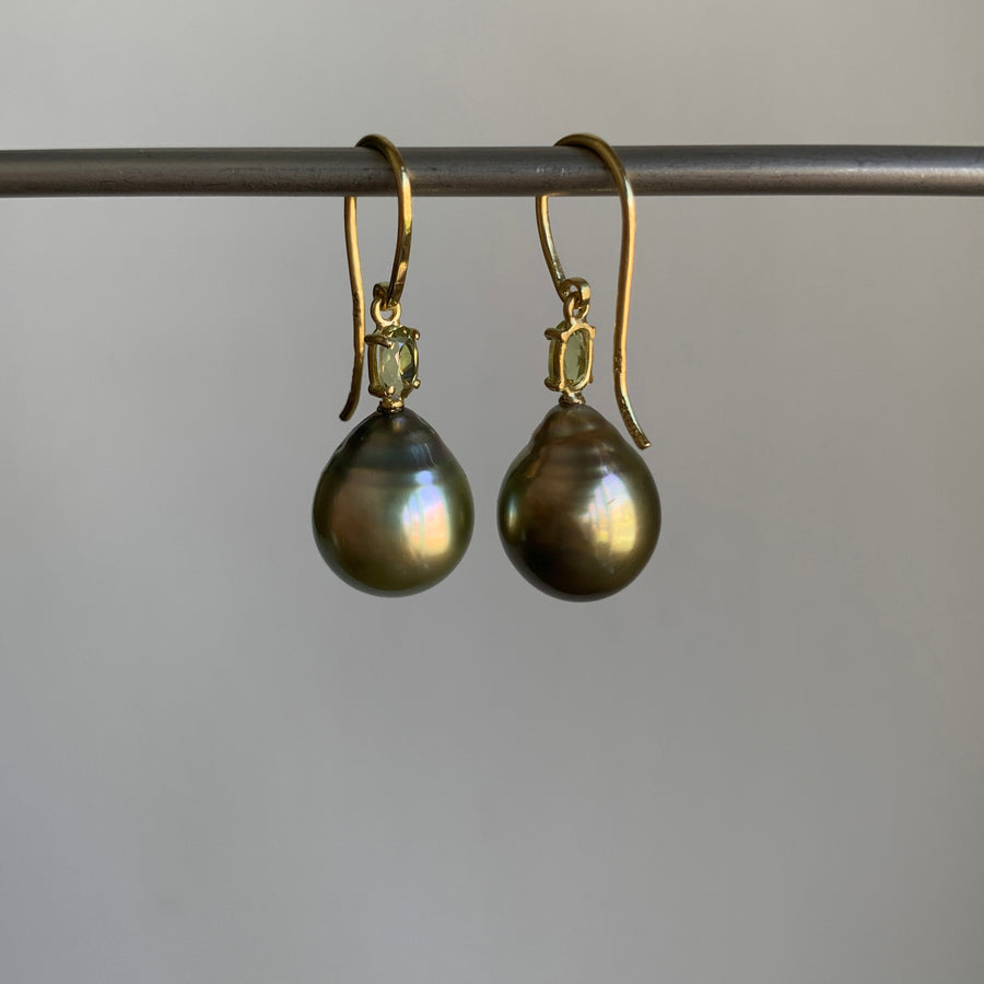 Pistachio Tahitian Pearl Earrings with Chrysoberyl