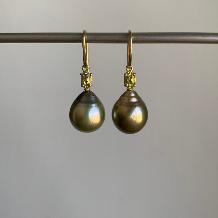 Pistachio Tahitian Pearl Earrings with Chrysoberyl